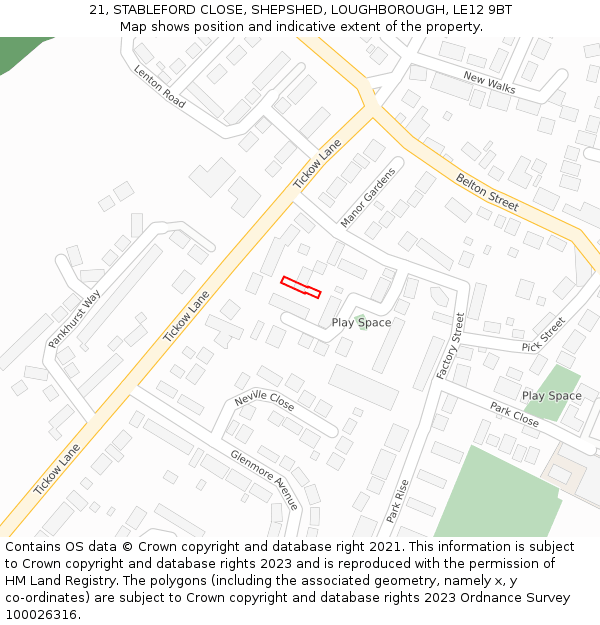21, STABLEFORD CLOSE, SHEPSHED, LOUGHBOROUGH, LE12 9BT: Location map and indicative extent of plot