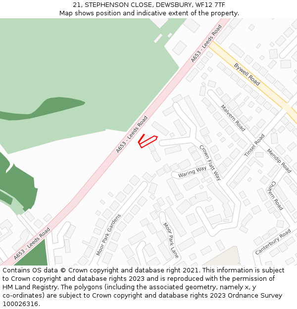 21, STEPHENSON CLOSE, DEWSBURY, WF12 7TF: Location map and indicative extent of plot