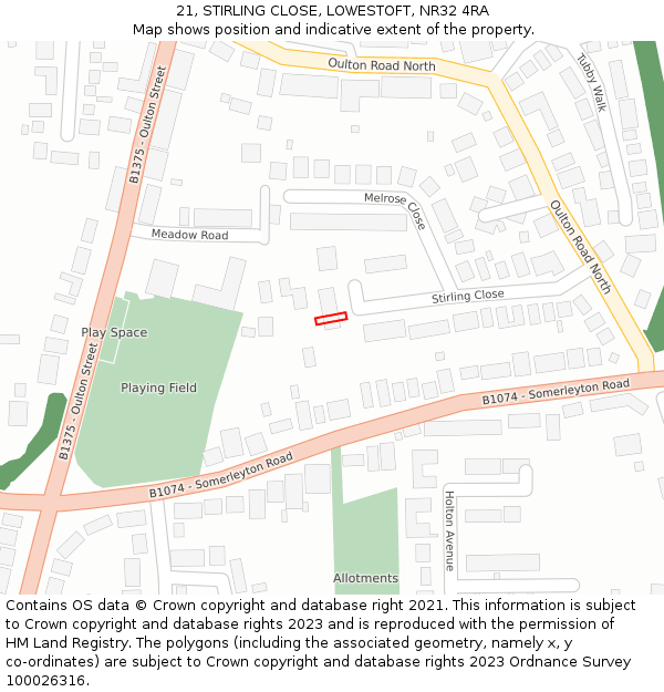 21, STIRLING CLOSE, LOWESTOFT, NR32 4RA: Location map and indicative extent of plot