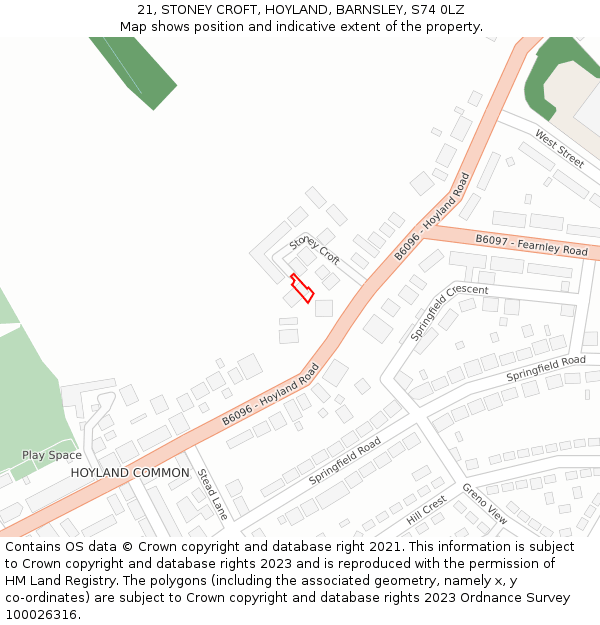 21, STONEY CROFT, HOYLAND, BARNSLEY, S74 0LZ: Location map and indicative extent of plot