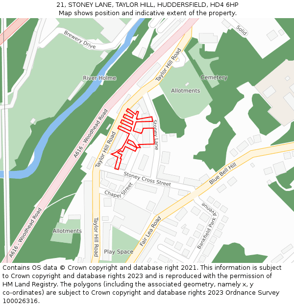 21, STONEY LANE, TAYLOR HILL, HUDDERSFIELD, HD4 6HP: Location map and indicative extent of plot