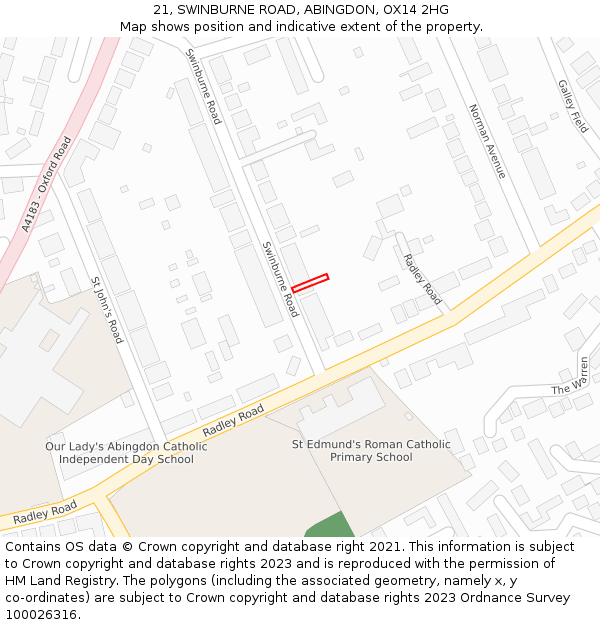 21, SWINBURNE ROAD, ABINGDON, OX14 2HG: Location map and indicative extent of plot
