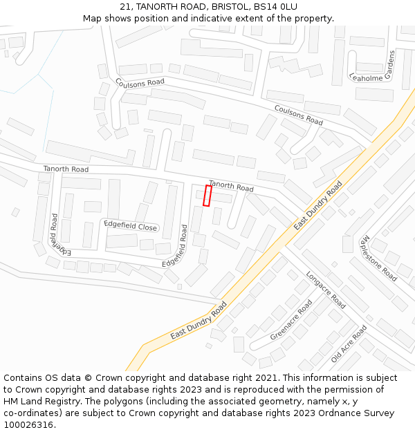 21, TANORTH ROAD, BRISTOL, BS14 0LU: Location map and indicative extent of plot