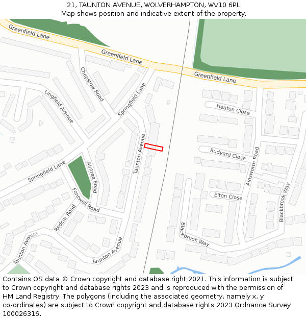 21, TAUNTON AVENUE, WOLVERHAMPTON, WV10 6PL: Location map and indicative extent of plot