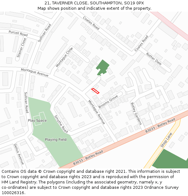 21, TAVERNER CLOSE, SOUTHAMPTON, SO19 0PX: Location map and indicative extent of plot