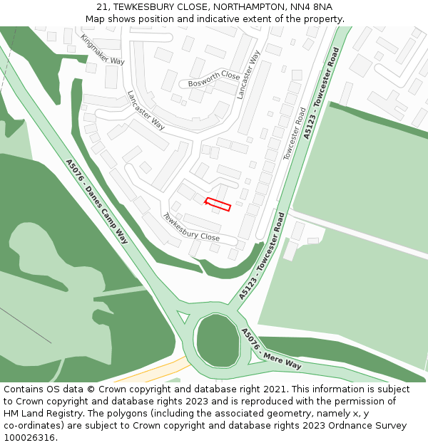 21, TEWKESBURY CLOSE, NORTHAMPTON, NN4 8NA: Location map and indicative extent of plot