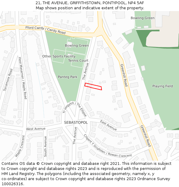 21, THE AVENUE, GRIFFITHSTOWN, PONTYPOOL, NP4 5AF: Location map and indicative extent of plot