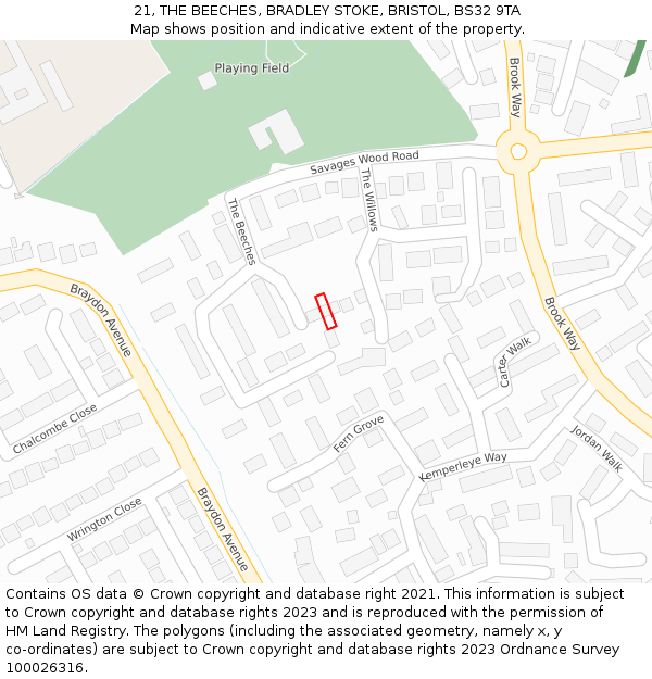 21, THE BEECHES, BRADLEY STOKE, BRISTOL, BS32 9TA: Location map and indicative extent of plot