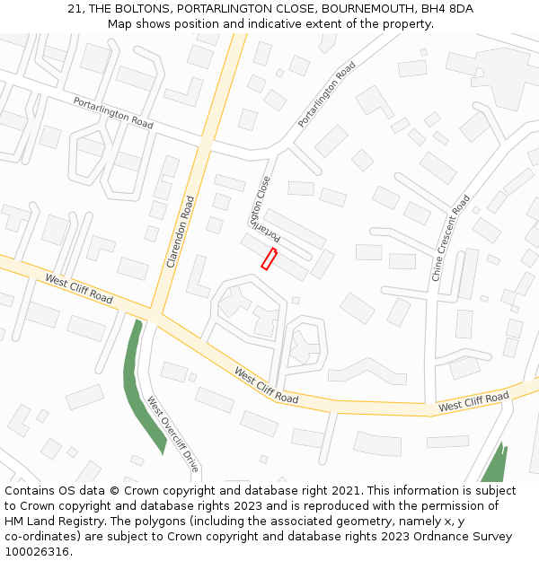 21, THE BOLTONS, PORTARLINGTON CLOSE, BOURNEMOUTH, BH4 8DA: Location map and indicative extent of plot