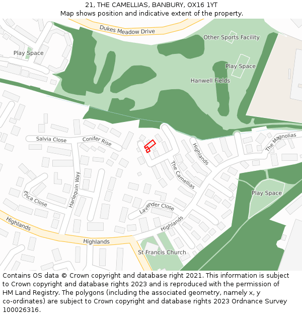 21, THE CAMELLIAS, BANBURY, OX16 1YT: Location map and indicative extent of plot