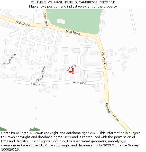 21, THE ELMS, HASLINGFIELD, CAMBRIDGE, CB23 1ND: Location map and indicative extent of plot