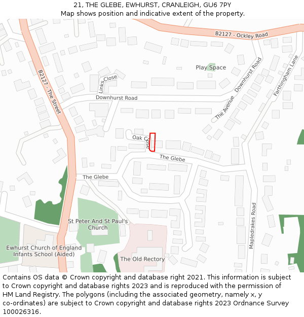 21, THE GLEBE, EWHURST, CRANLEIGH, GU6 7PY: Location map and indicative extent of plot