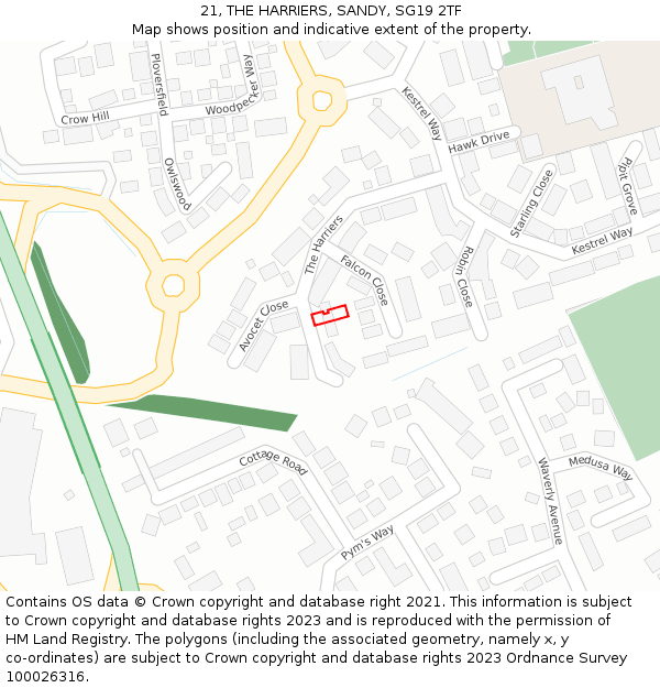 21, THE HARRIERS, SANDY, SG19 2TF: Location map and indicative extent of plot