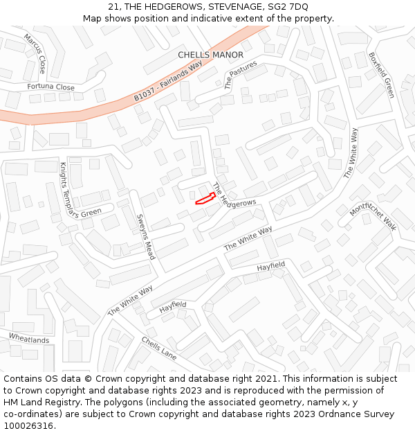 21, THE HEDGEROWS, STEVENAGE, SG2 7DQ: Location map and indicative extent of plot