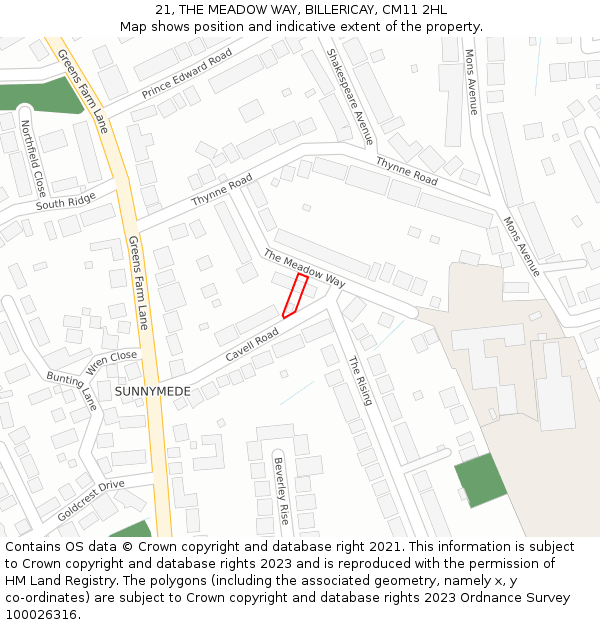 21, THE MEADOW WAY, BILLERICAY, CM11 2HL: Location map and indicative extent of plot