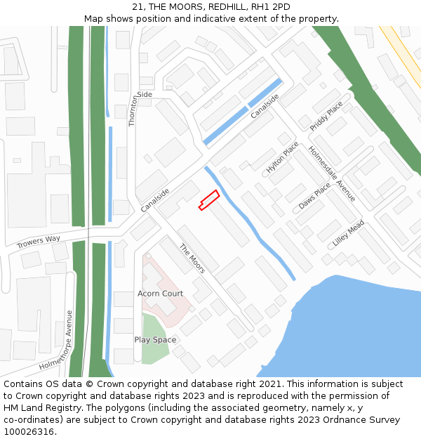 21, THE MOORS, REDHILL, RH1 2PD: Location map and indicative extent of plot