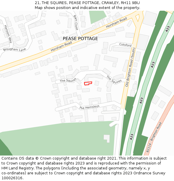 21, THE SQUIRES, PEASE POTTAGE, CRAWLEY, RH11 9BU: Location map and indicative extent of plot