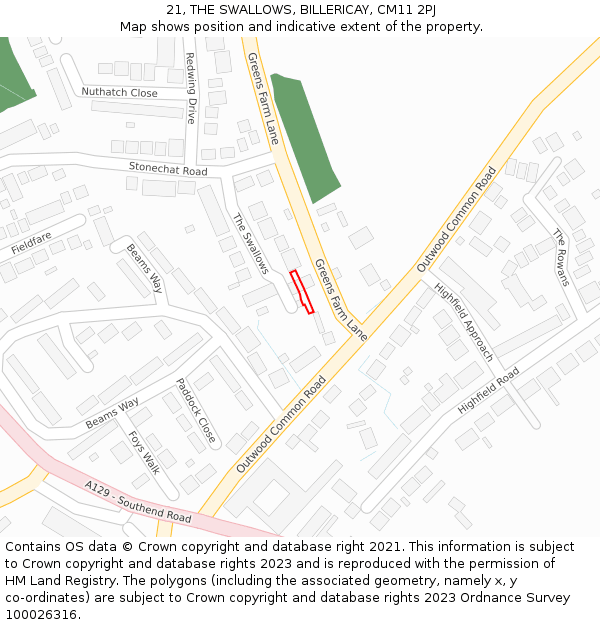 21, THE SWALLOWS, BILLERICAY, CM11 2PJ: Location map and indicative extent of plot