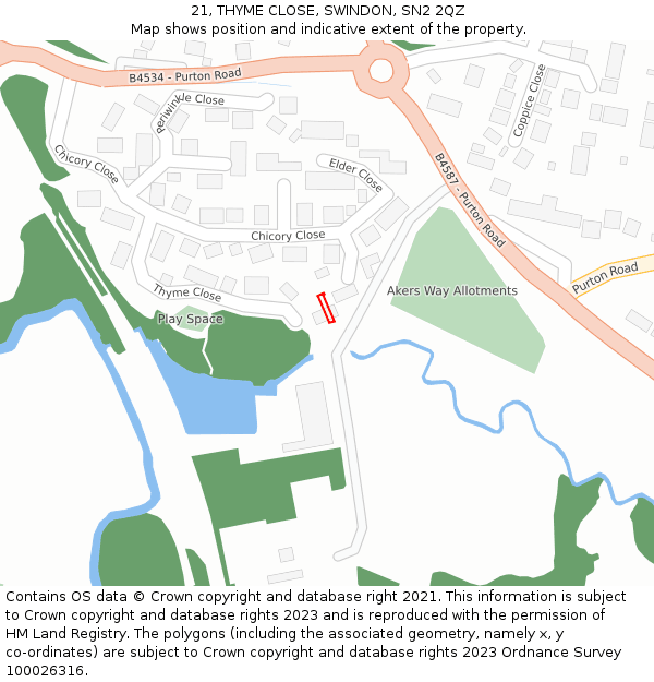 21, THYME CLOSE, SWINDON, SN2 2QZ: Location map and indicative extent of plot