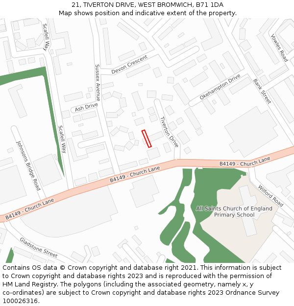 21, TIVERTON DRIVE, WEST BROMWICH, B71 1DA: Location map and indicative extent of plot