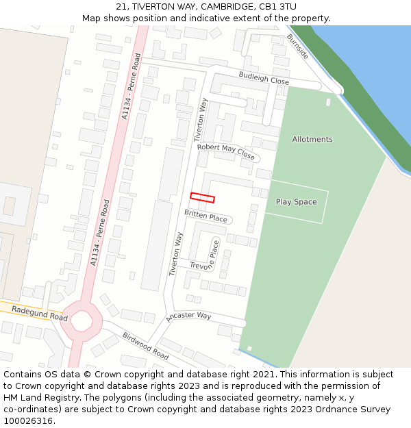 21, TIVERTON WAY, CAMBRIDGE, CB1 3TU: Location map and indicative extent of plot