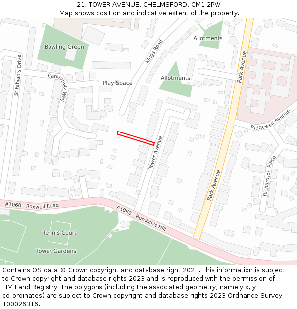 21, TOWER AVENUE, CHELMSFORD, CM1 2PW: Location map and indicative extent of plot