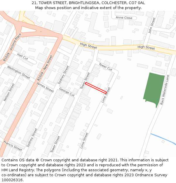 21, TOWER STREET, BRIGHTLINGSEA, COLCHESTER, CO7 0AL: Location map and indicative extent of plot