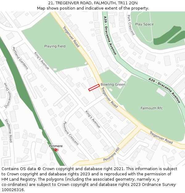 21, TREGENVER ROAD, FALMOUTH, TR11 2QN: Location map and indicative extent of plot