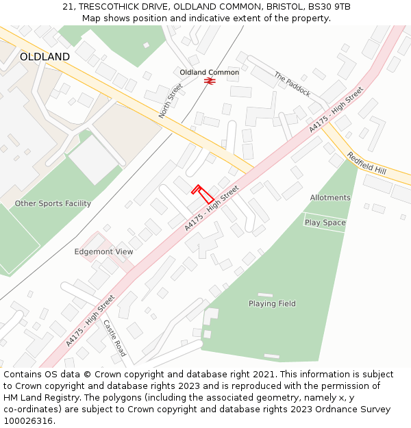 21, TRESCOTHICK DRIVE, OLDLAND COMMON, BRISTOL, BS30 9TB: Location map and indicative extent of plot