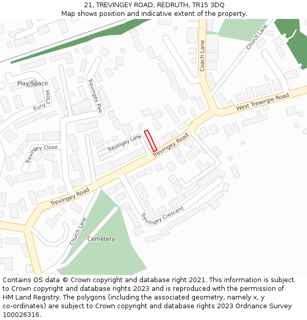 21, TREVINGEY ROAD, REDRUTH, TR15 3DQ: Location map and indicative extent of plot