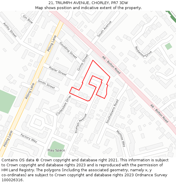 21, TRIUMPH AVENUE, CHORLEY, PR7 3DW: Location map and indicative extent of plot