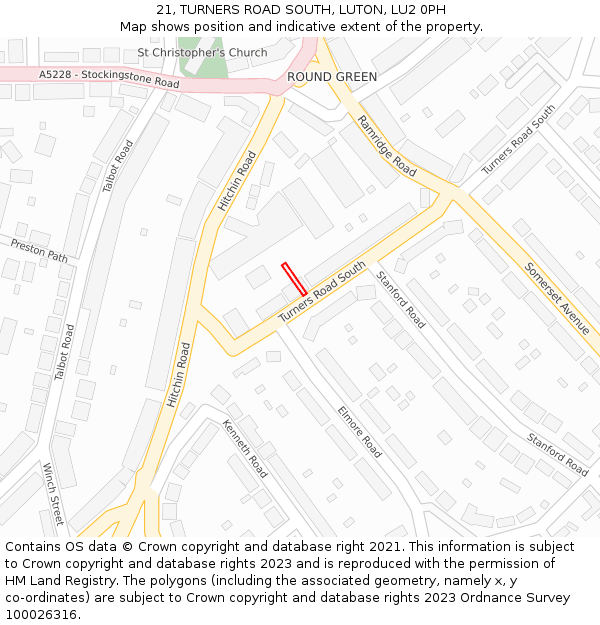 21, TURNERS ROAD SOUTH, LUTON, LU2 0PH: Location map and indicative extent of plot