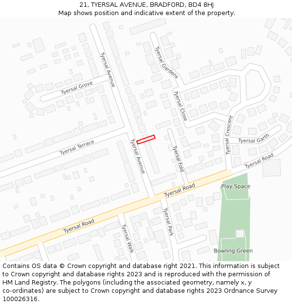 21, TYERSAL AVENUE, BRADFORD, BD4 8HJ: Location map and indicative extent of plot