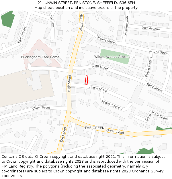 21, UNWIN STREET, PENISTONE, SHEFFIELD, S36 6EH: Location map and indicative extent of plot