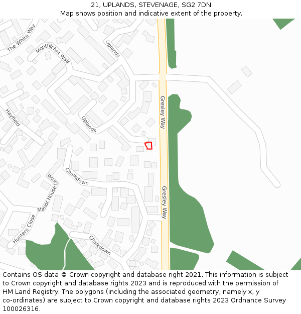 21, UPLANDS, STEVENAGE, SG2 7DN: Location map and indicative extent of plot