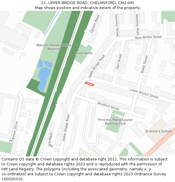 21, UPPER BRIDGE ROAD, CHELMSFORD, CM2 0AY: Location map and indicative extent of plot