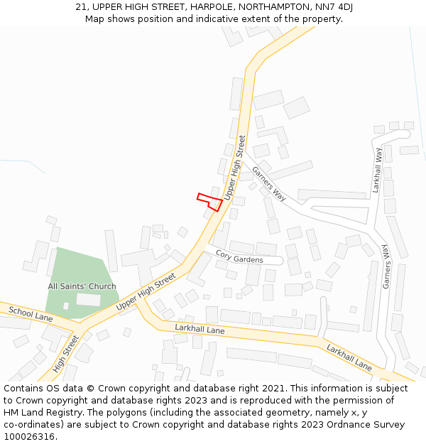 21, UPPER HIGH STREET, HARPOLE, NORTHAMPTON, NN7 4DJ: Location map and indicative extent of plot