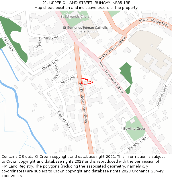 21, UPPER OLLAND STREET, BUNGAY, NR35 1BE: Location map and indicative extent of plot