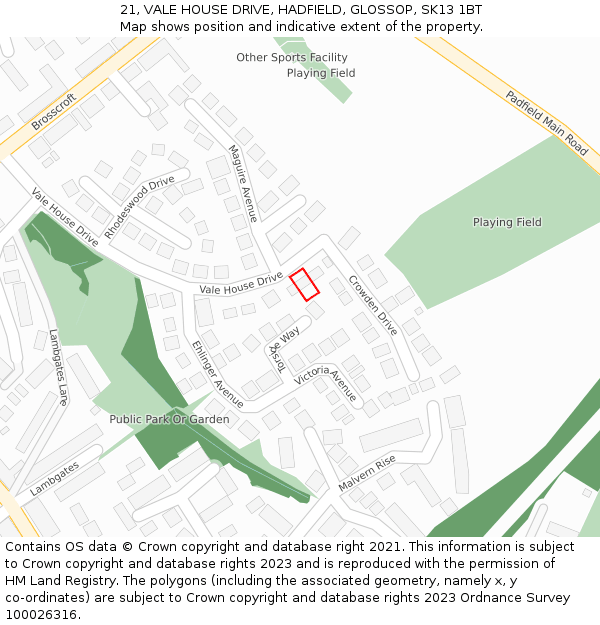 21, VALE HOUSE DRIVE, HADFIELD, GLOSSOP, SK13 1BT: Location map and indicative extent of plot