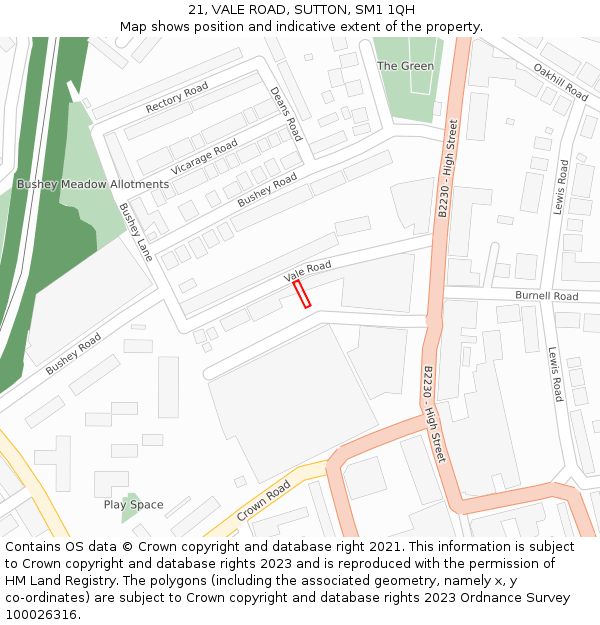21, VALE ROAD, SUTTON, SM1 1QH: Location map and indicative extent of plot