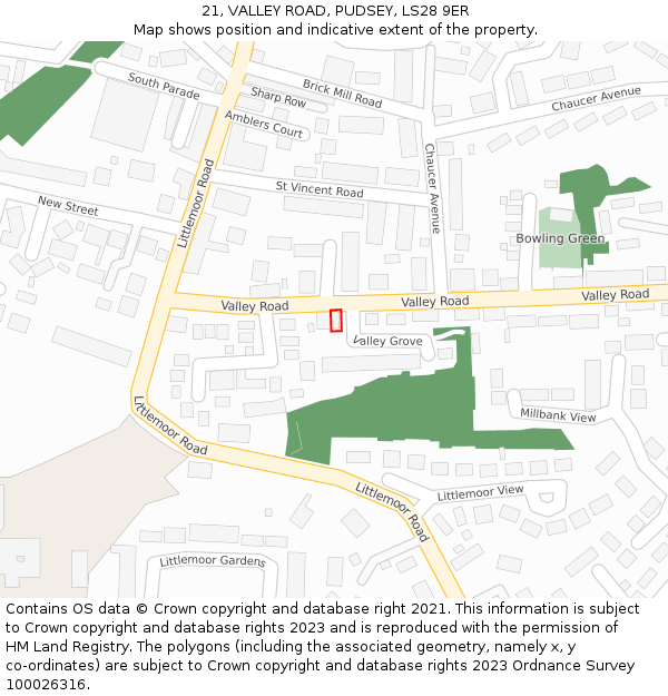 21, VALLEY ROAD, PUDSEY, LS28 9ER: Location map and indicative extent of plot