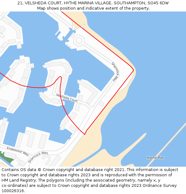 21, VELSHEDA COURT, HYTHE MARINA VILLAGE, SOUTHAMPTON, SO45 6DW: Location map and indicative extent of plot