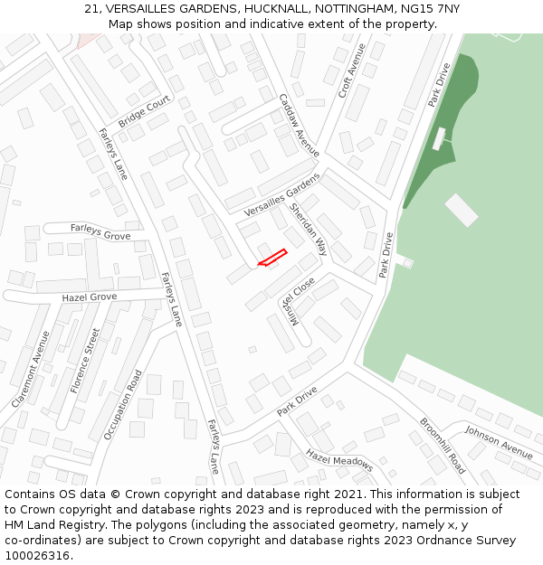 21, VERSAILLES GARDENS, HUCKNALL, NOTTINGHAM, NG15 7NY: Location map and indicative extent of plot