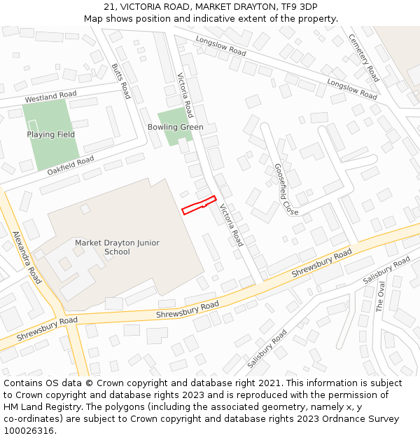 21, VICTORIA ROAD, MARKET DRAYTON, TF9 3DP: Location map and indicative extent of plot
