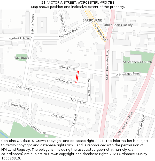 21, VICTORIA STREET, WORCESTER, WR3 7BE: Location map and indicative extent of plot