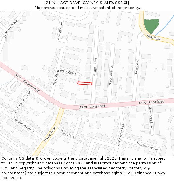21, VILLAGE DRIVE, CANVEY ISLAND, SS8 0LJ: Location map and indicative extent of plot