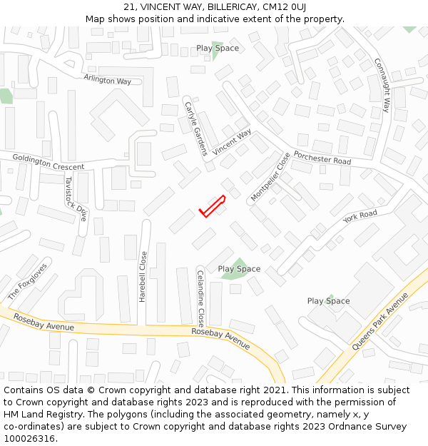 21, VINCENT WAY, BILLERICAY, CM12 0UJ: Location map and indicative extent of plot