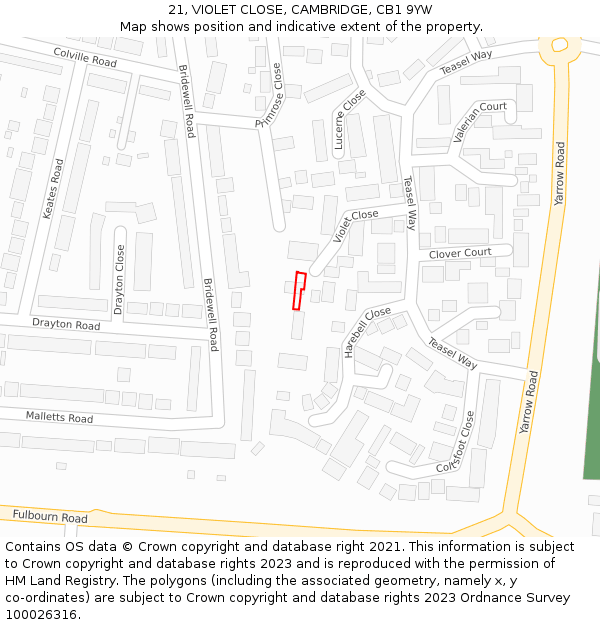 21, VIOLET CLOSE, CAMBRIDGE, CB1 9YW: Location map and indicative extent of plot