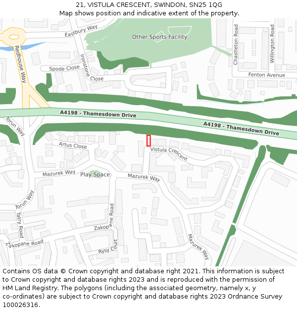 21, VISTULA CRESCENT, SWINDON, SN25 1QG: Location map and indicative extent of plot