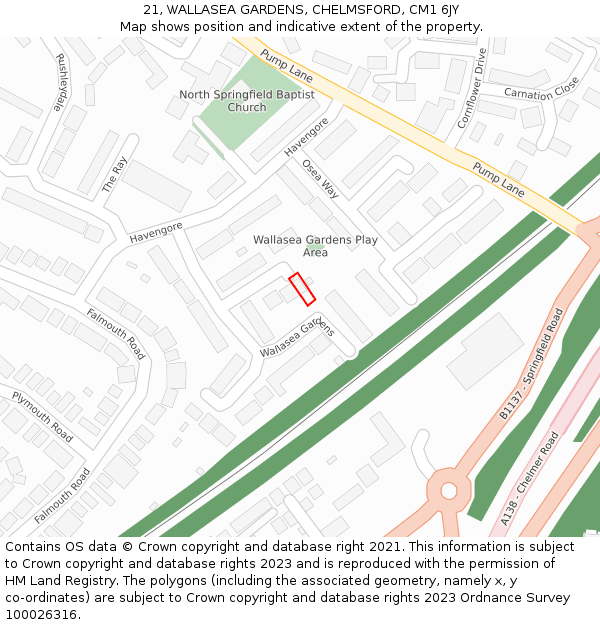 21, WALLASEA GARDENS, CHELMSFORD, CM1 6JY: Location map and indicative extent of plot
